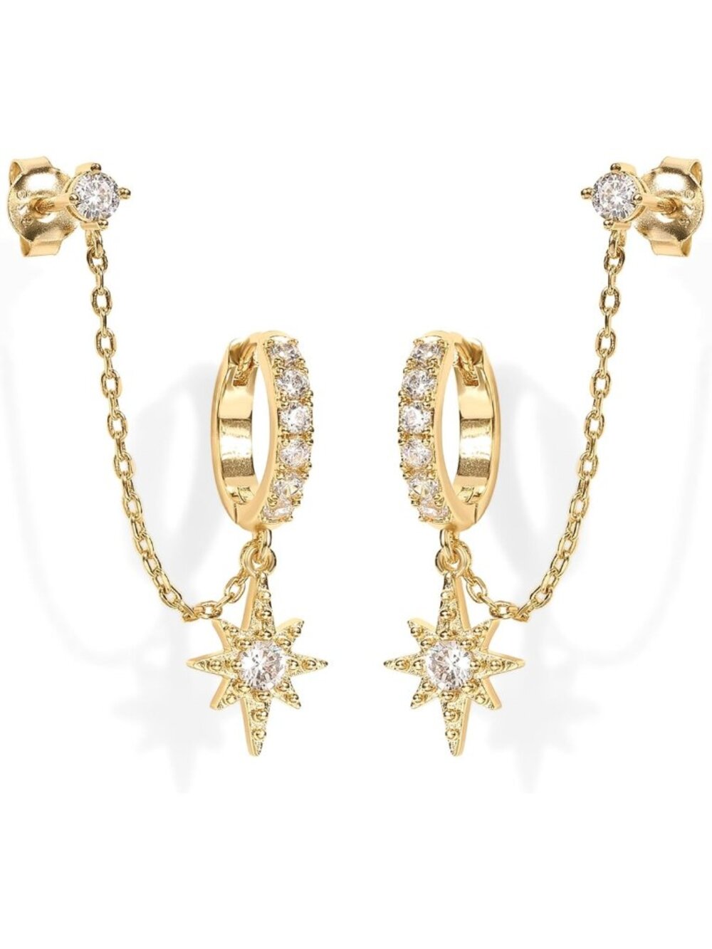 14K Gold Dangle Chain Huggie Hoop Earrings | Double Piercing with CZ & Pearl
